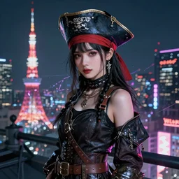portrait futuristic stylish cyberpunk young female pirate, in futuristic stormy electric flashing tokyo rooftop cyberpunk night, ssci-fi, fantasy, intricate, very very beautiful, elegant, neon light, highly detailed, digital painting, artstation, concept art, soft light, hdri, smooth, sharp focus, illustration, art by tian zi and craig mullins and WLOP and alphonse mucha