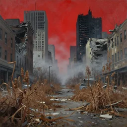 rundown streets of destroyed new york and overgrown with dead brown plants, debris on the floor, abandoned, sky is red, destroyed buildings, skyscrapers burnt down, scary mistby peter elson, oil on canvas