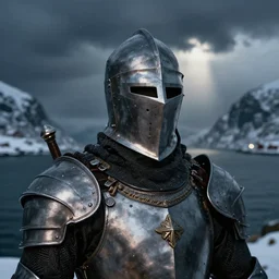 knight, norway fjord, extreme close up portrait, hudson river school, max rive, water armor, studio lighting, stormy seas, beautiful, bokeh, snowy, storm clouds, god rays, extreme close up portrait, d & d, fantasy, elegant, low key color palette, concept art, roger deakins and greg rutkowski and alphonse mucha