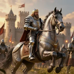historical person peter i on battle horse with incrustiated armor with high detail in universe of heroes of might and magic, gorgeous, high detail, cinema 4 d, beautiful, battle, magic, fantasy, war, castle, battle, flags, imperial russia, sunset, lights