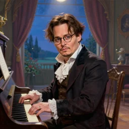 johnny depp as the clumsy yet adorable victor van dort from the corpse bride, portrait, illustration, the land of the death, piano in victorian front hall scene, rim light, top light, summer night sky, perfectly shaded, soft painting, art by krenz cushart and wenjun lin