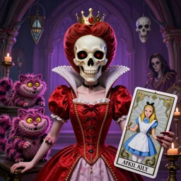 Queen of Hearts, Cheshire Cat, Alice in Wonderland, Death Tarot card,highly detailed,half skull face,cinematic,8k,by Stanley Artgermm,Tom Bagshaw,Greg Rutkowski,Carne Griffiths, Ayami Kojima, Beksinski, Giger,trending on DeviantArt,hyper detailed,horror, full of colour