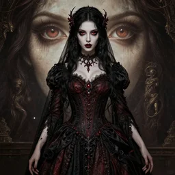 full body image with a woman of timeless beauty & breathtaking eyes dressed in gothic attire, volumetric lighting, intricate, elegant, DSLR 8K, biblical art, realism, incomprehensible detail, final fantasy & silent hill aesthetic, photorealistic, lifelike, created by Razaras on deviantart