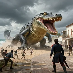 Napoleon Bonaparte watching a gigantic monster that looks like a mixture of monkfish with crocodile limbs, wet and slimy with a very large mouth, is on the street of Jamestown in santa elena. dragging its enormous weight with effort on a beach, there are people fleeing in terror, photo-realistic, stormy sky, photo by national geographical