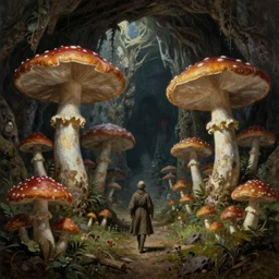 a medieval pilgrimage in a garden of giant colorful fungus in a gigantic cavern deep underground, dark, realistic painting
