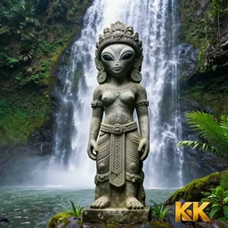Maya stone statue of an alien in front of a beautiful waterfall in the jungle, award winning photography, 8k