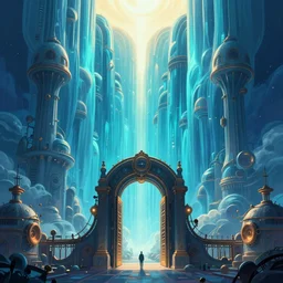 illustration, digital painting, epic, artstation, octane render,, dream, surreal, artstation, smooth, huge ， highly detailed, aqua blue, sharp focus, symmetric!! vanishing point, smooth, warm top light ， concept art by raphael lacoste ， artgerm and john berkey, steampunk gate to another dimension ， night