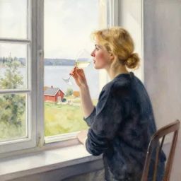 hot blonde woman drinking wine while looking out through the window, swedish countryside, seaview, modern clothes, morning, calm, watercolor painting by vladimir volegov, carl larsson, anders zorn