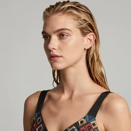 clavicle shot of a blonde female model in her twenties, hair wet, wearing a designer top, looking content, photo realistic, extreme detail skin, natural beauty, no filter, slr, golden hour, 8 k, high definition, selfie