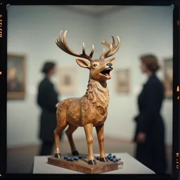 kodak portra 4 0 0, wetplate, muted colours, blueberry, 1 9 3 0 s style, award winning portrait of wooden skulptur of hysterically laughing loudly deer by willy verginer in a vernissage, haze, motion blur, in the style of britt marling and by georges melies