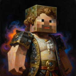 a baroque neoclassicist close - up painting of minecraft. reflective detailed textures. glowing colorful fog, black background. highly detailed fantasy science fiction painting by moebius, norman rockwell, frank frazetta, and syd mead. rich colors, high contrast. artstation