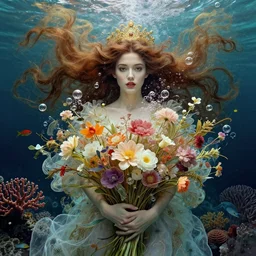 portrait of a beautiful mysterious woman holding a bouquet of flowing flowers, bubbles, upward flowing long hair, hands hidden under the bouquet, underwater with coral and fish, fantasy, regal, intricate, by stanley artgerm lau, greg rutkowski, thomas kinkade, alphonse mucha, loish, norman rockwell
