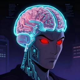a malevolent digital intelligence, portrait of ai, digital human brain, glowing digital runes, motherboard circuitry, red eyes, hi tech, futurism, rhads!!!, james gurney, ( art fitzpatrick ), ( asaf hanuka ), ( ( barclay shaw ) ), ominous, digital science fiction realism, urban fantasy, saturday morning cartoon, clean linework, western animation