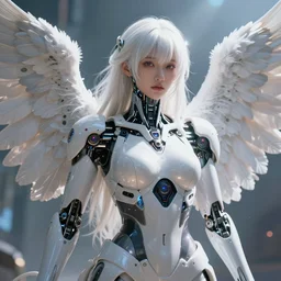 portrait art of white haired cyborg angel, scifi background, 8k ultra realistic, lens flare, atmosphere, glow, detailed, intricate, full of colour, cinematic lighting, trending on artstation, 4k, hyperrealistic, focused, extreme details, unreal engine 5, cinematic, masterpiece
