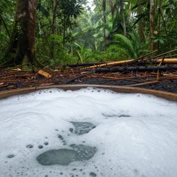 pristine bath filled with bubbles in a clearfelled rainforest, deforestation, slash and burn