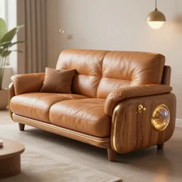 a futuristic cozy leather couch, by wlop by jungyeonmin and james jean jhonseru jsezz artstation and greg rutkowski, with some wood and gold details, biomechanical, lens orbs, global illumination, lounge, volumetric lighting, granular detail, japandi, hyperrealist, micro details, blender, vray