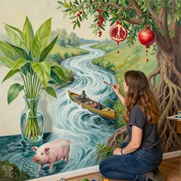 a female art student in her apartment with a river flowing through the wall, plants in glass vase, water, river, rapids, pig, buttress tree roots, canoe, pomegranate, berries dripping, acrylic on canvas, surrealist, by magritte and monet