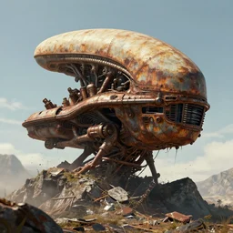 old rusty alien mothership crushed into mountain, digital art, concept art, high detail,hd 4k,octane render
