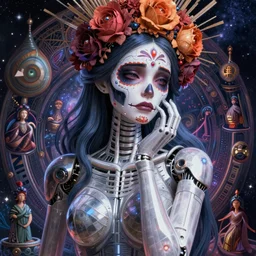 beautiful crying android! woman deity. ethereal, elegant portrait, fantasy, anime, blade runner, pose, photorealistic, interstellar, intricate detailed environment. ( el dia los muertos ), 8 k, hd. photo by terry o'neil and artgerm and greg rutkowski and alphonse mucha and loish and wlop