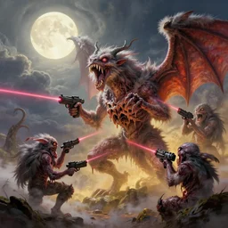 concept art of gargoyle attack, lovecraftian, lots of teeth, melting horror, fluffy feathers, round full moon, rich clouds, fighting the horrors of the unknown with laser guns, high resolution, very detailed, colorful, vibrant, roaring, volumetric light, mist, golden