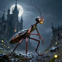 angry anthropomorphic stick insect, wearing rain soaked armour in heavy rain, incredibly fine detailed portrait, battle angel alita, dynamic angle, elegant, full body profile, 2 0 0 mm focal length, highly detailed, dramatic full moon lighting, many fireflies, gothic castle prodominently in the background, movie cover