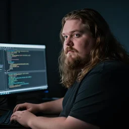 an cinematic headshot portrait of a fat man, long hair, facial hair, sat in the dark on a pc, coding, ultra realistic