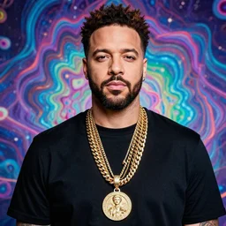 a portrait photograph of joe rogan as mr. t wearing many gold chains with a psychedelic dmt background