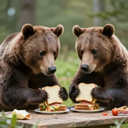 two bears making sandwiches, photorealistic, very detailed, award winning photo, masterpiece