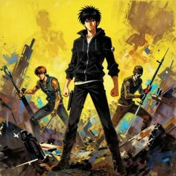 highly detailed canti standing triumph after a battle from flcl ( 2 0 0 1 ), hoody, style of ashley wood, yoji shinkawa, jamie hewlett, 6 0's french movie poster, french impressionism, vivid colors, palette knife and brush strokes, gradient yellow, black, brown and cyan color scheme, grunge aesthetic, dynamic composition