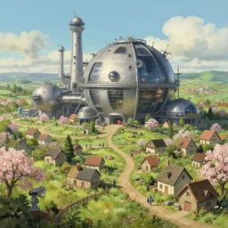 a beautiful science fiction factory with spherical design by starwars and army in a village with curved tiny houses in the french countryside during spring season, highly detailed painting by studio ghibli hd and louis remy mignot hd and leyendecker, nice afternoon lighting, smooth tiny details, soft and clear shadows, low contrast, perfect