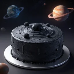 a black hole cake, planets, space, universe, au naturel, hyper detailed, digital art, trending in artstation, cinematic lighting, studio quality, smooth render, unreal engine 5 rendered, octane rendered, art style by pixar dreamworks warner bros disney riot games.