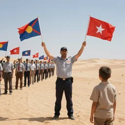 people with flags in two hands like airport worker standing in lines in the desert, one human watching, artstation