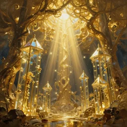 Golden organic structures, shining lights, god rays, glass structures by by Karol Bak, Ayami Kojima, Amano and Olivier Ledroit