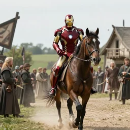 Iron Man riding a horse through a medieval village