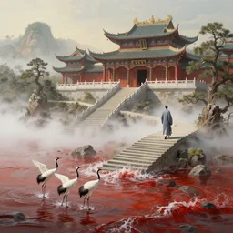 a gorgeous landscape painting by barlowe wayne maxfield parrish and marco mazzoni. chinese temple. a lonely chinese monk in grey blue long gown walks on the winding steps. three cranes splashing in the water, ultra clear detailed. 3 d, octane render. turbulent blood lake. fog