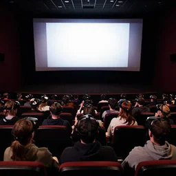 full 1 9 5 0's movie theatre, audience all wearing vr headsets. image taken at front of theatre looking towards the crowd. dark only light coming from the screen. audience illuminated