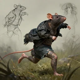 tattooed rat wearing a jacket and ripped shorts running and dancing in a field, character sheet, character design, contrast, deep focus, turnaround, highly detailed, dramatic lighting, digital painting, artstation, concept art, matte, sharp focus, illustration, elegant, art by artgerm and greg f and alphonse mucha.