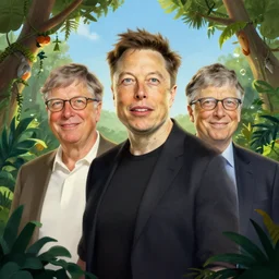 still from the jungle book if made by elon musk and bill gates, portrait, illustration, rim light, top light, summer clear blue sky, perfectly shaded, soft painting, epic, intricate, art
