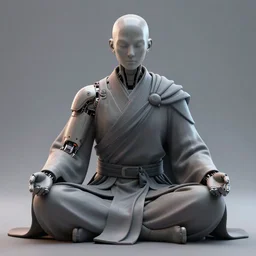 a cyborg warrior monk meditating, wearing a flowing cloak, cyborg hardware, 3 d render, octane, zbrush, painting, artstation, concept art, smooth, sharp focus, illustration, art by artgerm and greg rutkowski and alphonse mucha