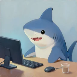 a very cute shark using a computer, wholesome, realistic oil painting, high quality