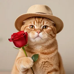 a ginger cat holding a rose with paw, wearing a hat