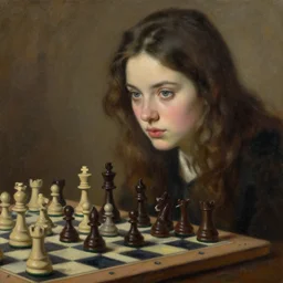 a girl focused on chessboard, beautiful face, oil on canvas, artstation, by j. c. leyendecker and edmund blair leighton and charlie bowater, beautiful face, octane, very aesthetic!!!!!!!!!!!!!!! stunning gorgeous big eyes
