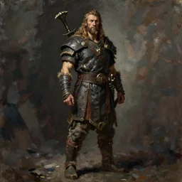 a full body fantasy portrait oil painting illustration of a single rugged stoic barbarian man by Justin Sweet with face and body clearly visible, d&d, rpg, forgotten realms, artstation trending, high quality, sombre mood, artstation trending, muted colours, no crop, entire character,
