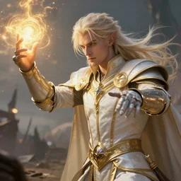 masterpiece Greg Rutkowski closeup of an aasimar man with platinum blonde hair wearing white and gold vestments under armor casting a holy ritual with golden magic on a battlefield, detailed, dynamic pose realistic, 4k, pensive, dungeons and dragons, dramatic lighting, trending on Artstation, sharp focus, elegant