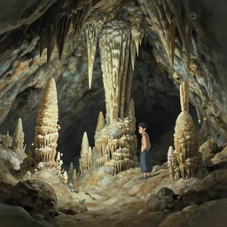 inside a natural cave with stalactites, artstation, elegant, highly detailed, digital painting, concept art, smooth, sharp focus, illustration, art by studio ghibli, fujita goro, atey ghailan, tom whalen, jean giraud 8 k