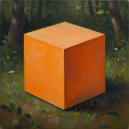 An oil painting of an orange cube in a forest by Craig Mullins, dramatic lighting, realistic shadows, establishing shot, extremely high detail, artstation