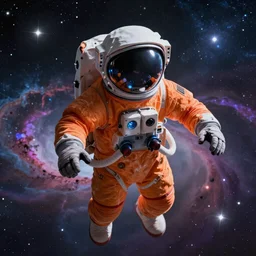 Intricate ultradetailed portrait of an orange astronaut floating in space surrounded by vibrant nebula and stars, trending on Flicker