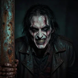 an evil cruel man with a horrible make up under a dim light, very shallow depht of field, ultra wide angle, bokeh, digital photography, creepy, old, rusty, grim, dark
