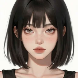 A close-up portrait of a beautiful anime girl by Huke, shoulder length straight black hair with bob cut, freckles, concept art, soft lighting, trending on artstation