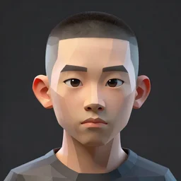 dramatic portrait of chinese boy buzz cut, low poly 3 d render